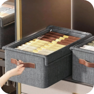 Foldable Storage Organizer Basket with Lid – Transparent Fabric Closet & Wardrobe Storage Box for Clothes (Pack of 1)